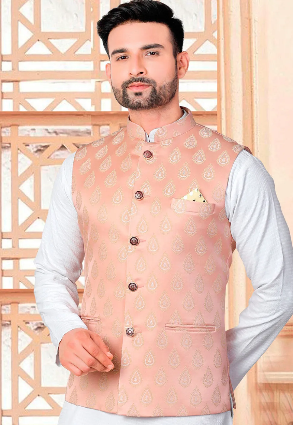 Woven Art Silk Jacquard Nehru Jacket in Peach
