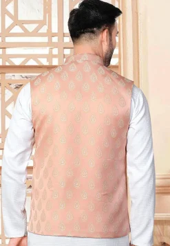 Woven Art Silk Jacquard Nehru Jacket in Peach