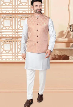 Woven Art Silk Jacquard Nehru Jacket in Peach