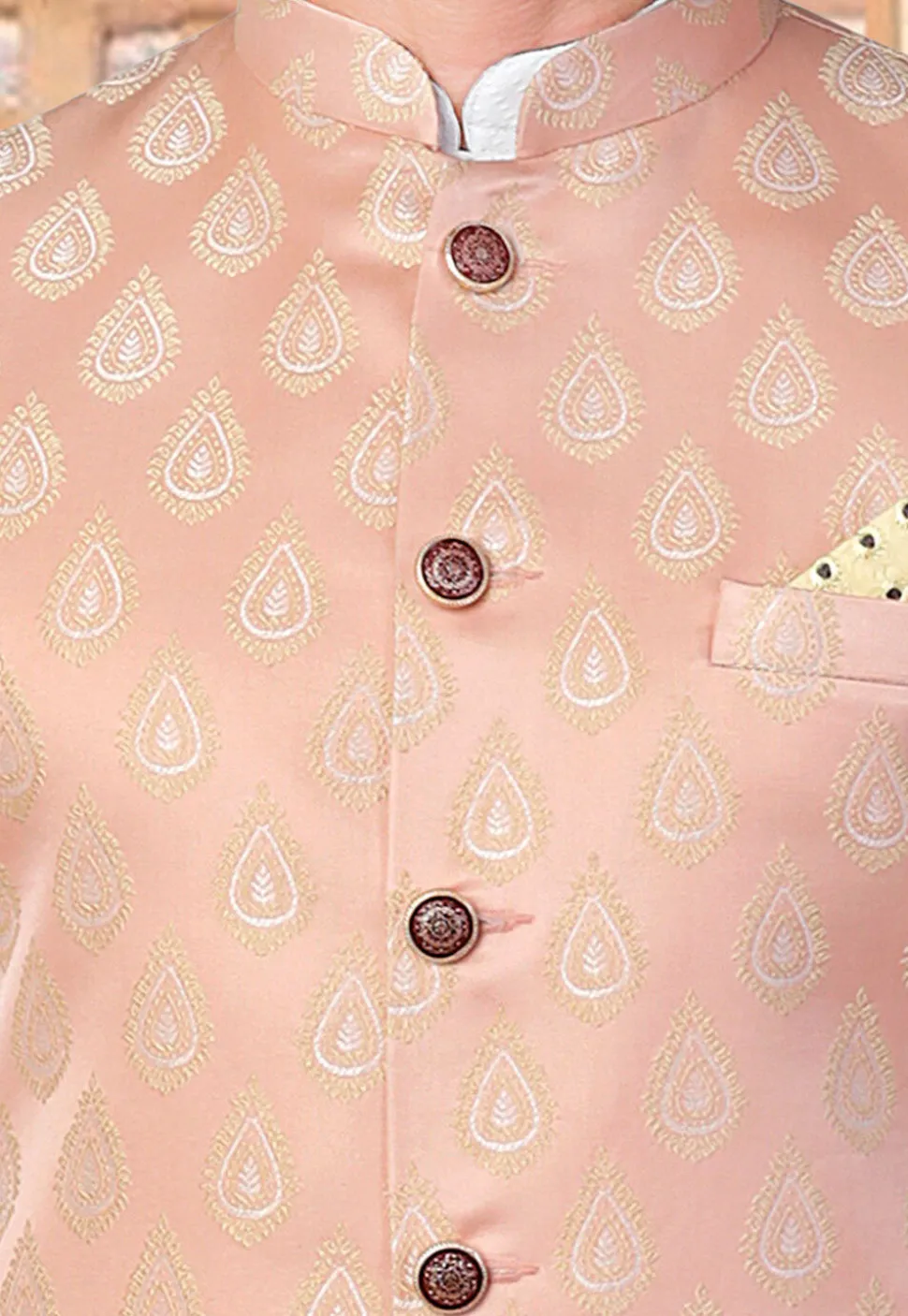 Woven Art Silk Jacquard Nehru Jacket in Peach