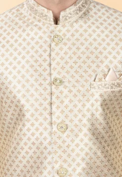 Woven Art Silk Jacquard Nehru Jacket in Cream
