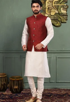 Woven Art Silk Jacquard Nehru Jacket in Red