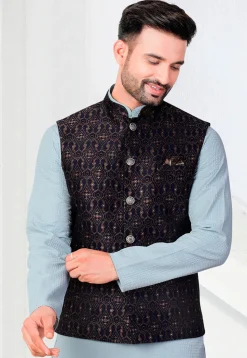 Woven Art Silk Jacquard Nehru Jacket in Navy Blue
