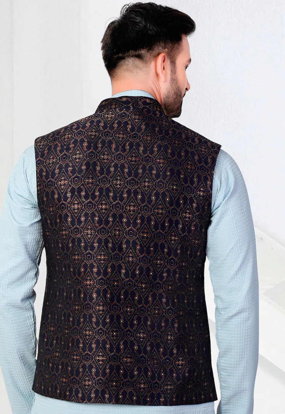 Woven Art Silk Jacquard Nehru Jacket in Navy Blue