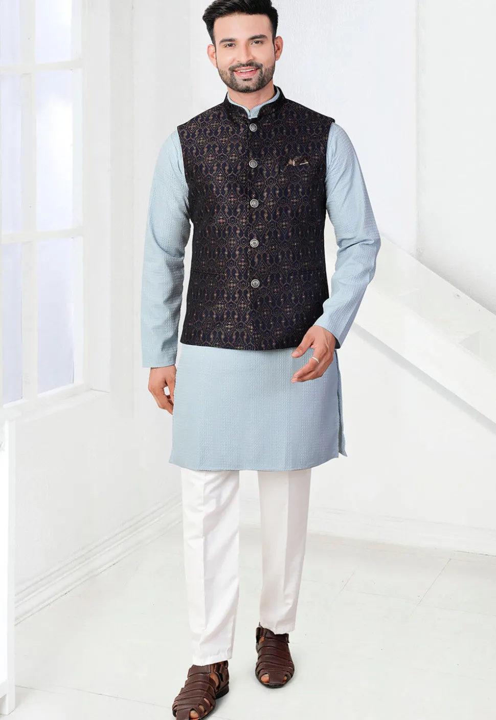 Woven Art Silk Jacquard Nehru Jacket in Navy Blue