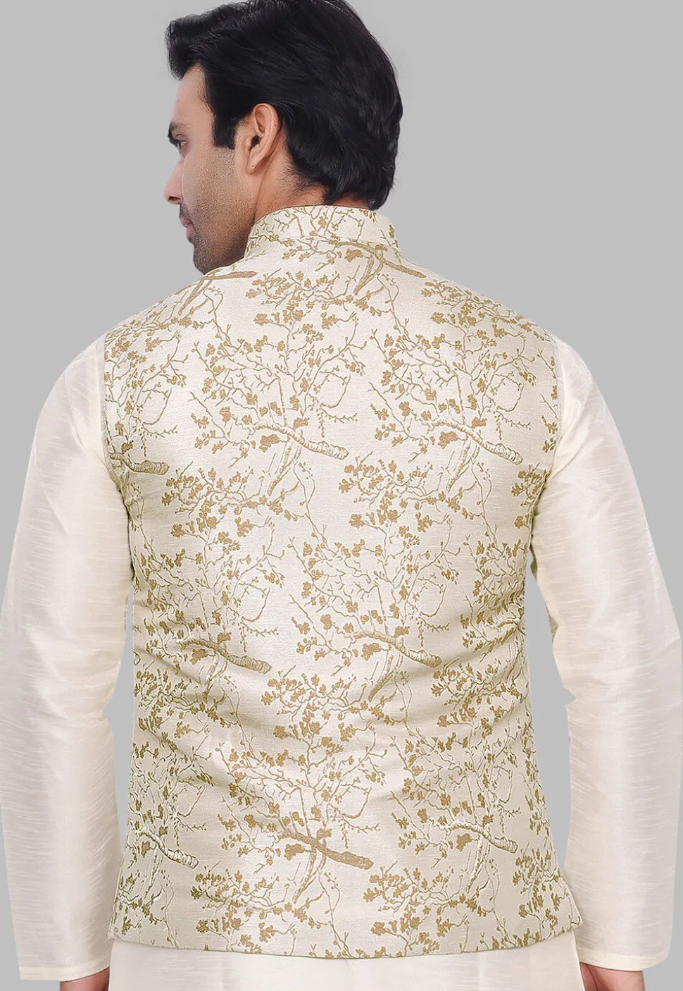 Woven Art Silk Jacquard Nehru Jacket in Cream