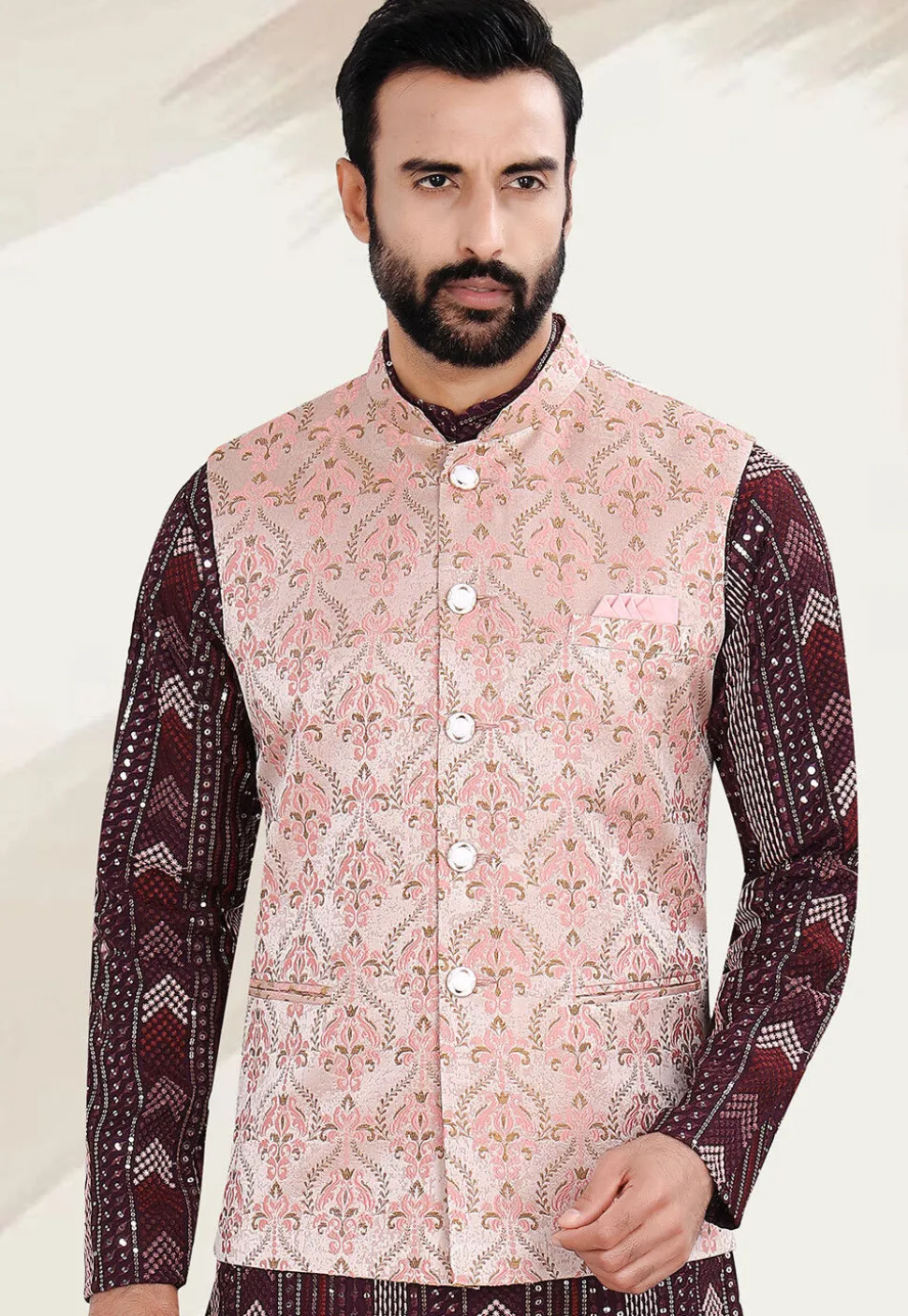 Woven Art Silk Jacquard Nehru Jacket in Peach