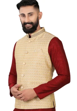 Woven Art Silk Jacquard Nehru Jacket in Cream