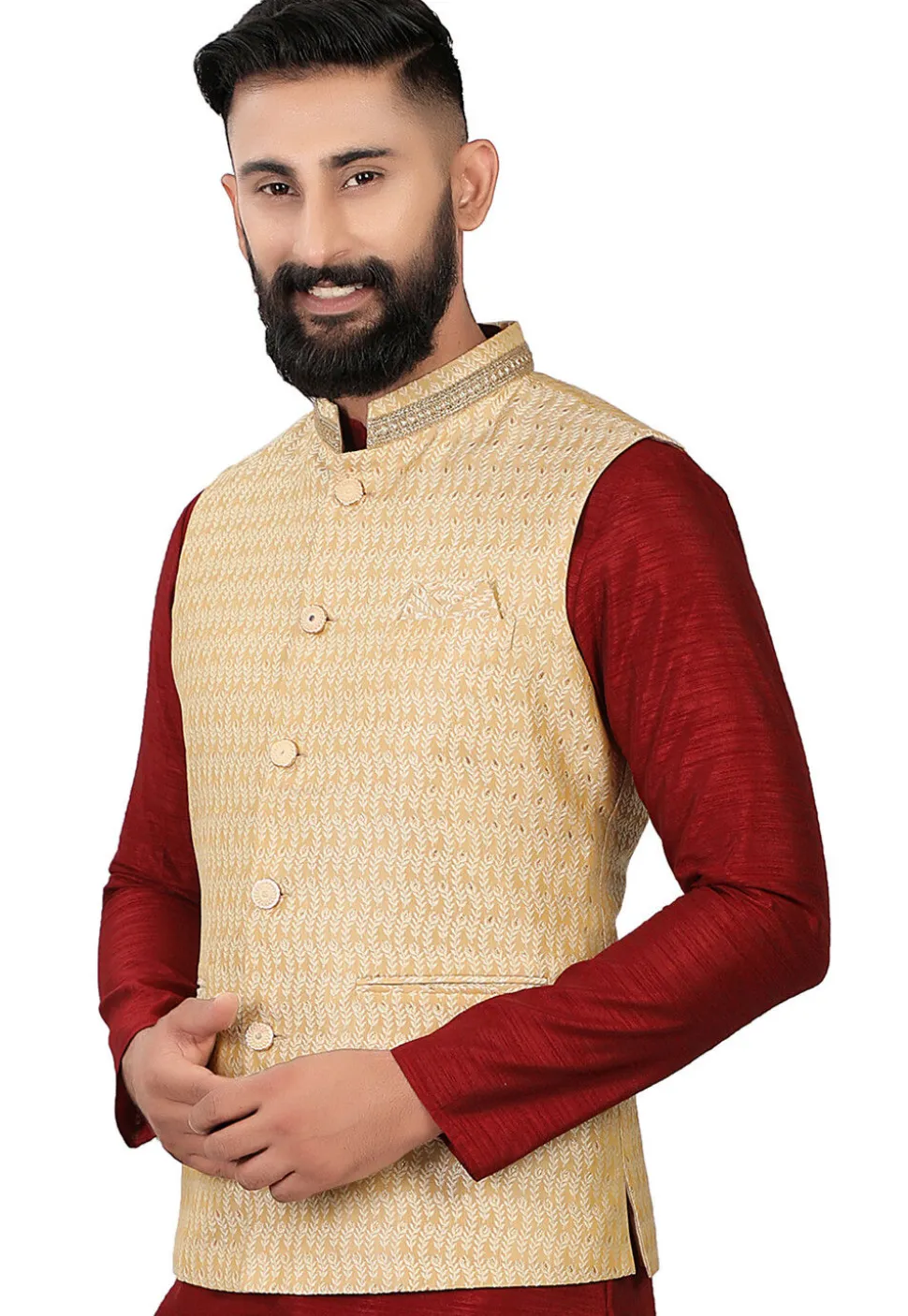 Woven Art Silk Jacquard Nehru Jacket in Cream