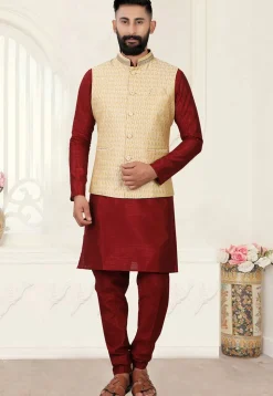 Woven Art Silk Jacquard Nehru Jacket in Cream