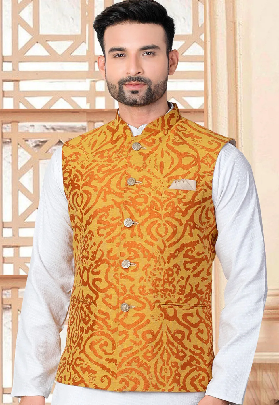 Woven Art Silk Jacquard Nehru Jacket in Mustard