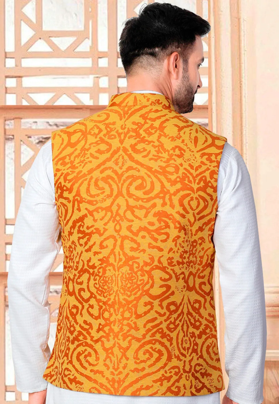 Woven Art Silk Jacquard Nehru Jacket in Mustard