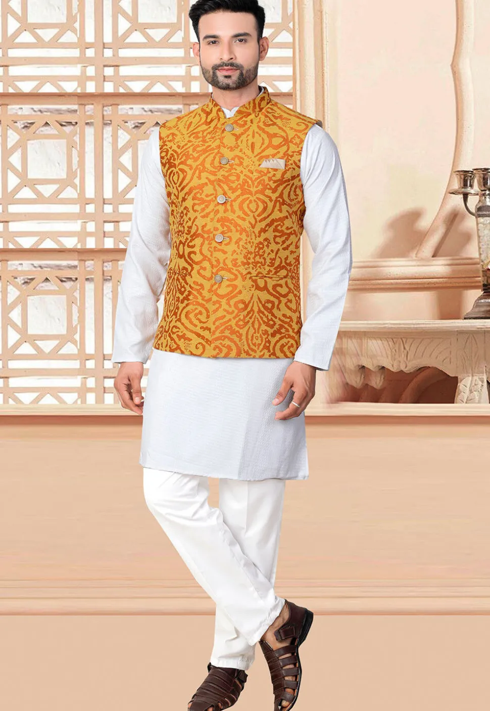 Woven Art Silk Jacquard Nehru Jacket in Mustard