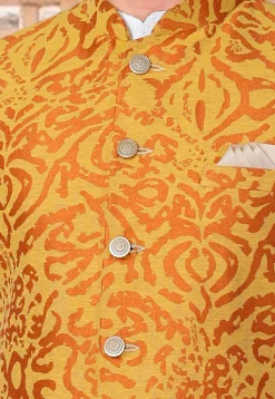 Woven Art Silk Jacquard Nehru Jacket in Mustard
