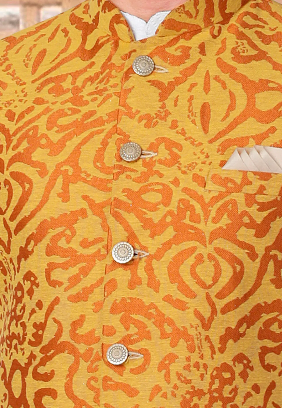 Woven Art Silk Jacquard Nehru Jacket in Mustard
