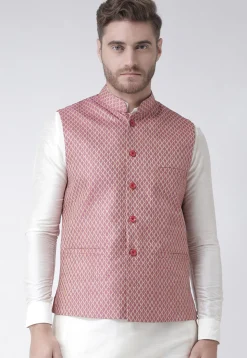 Woven Art Silk Jacquard Nehru Jacket in Pink