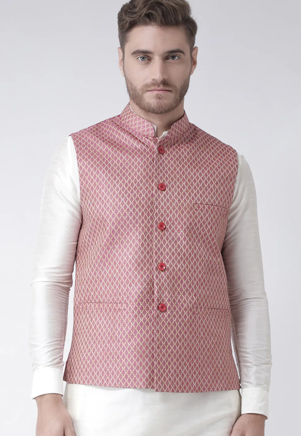 Woven Art Silk Jacquard Nehru Jacket in Pink