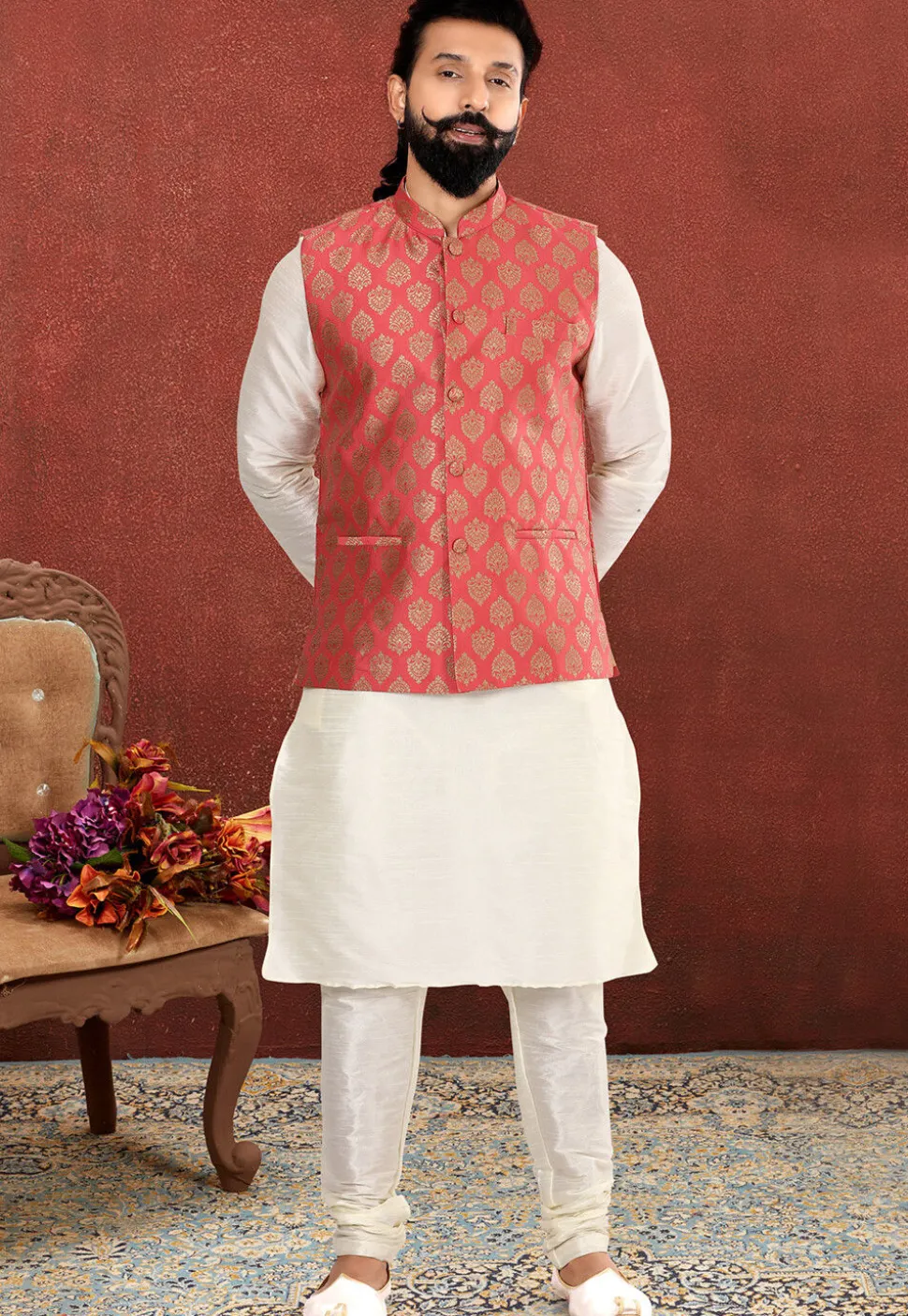 Woven Art Silk Jacquard Nehru Jacket in Coral Red