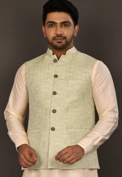 Woven Art Silk Jacquard Nehru Jacket in Pastel Green and Off White