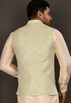 Woven Art Silk Jacquard Nehru Jacket in Pastel Green and Off White