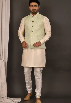 Woven Art Silk Jacquard Nehru Jacket in Pastel Green and Off White