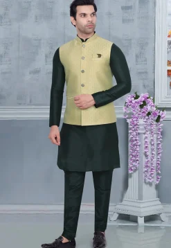Woven Art Silk Jacquard Nehru Jacket in Dusty Green
