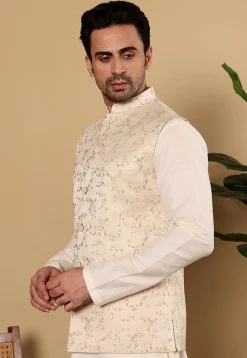Woven Art Silk Jacquard Nehru Jacket in Light Beige