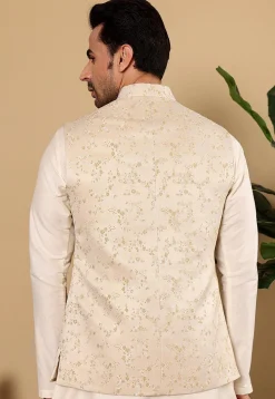 Woven Art Silk Jacquard Nehru Jacket in Light Beige