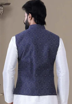 Woven Art Silk Jacquard Nehru Jacket in Navy Blue