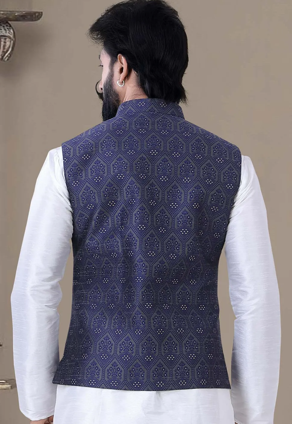 Woven Art Silk Jacquard Nehru Jacket in Navy Blue