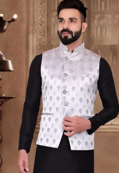 Woven Art Silk Jacquard Nehru Jacket in Off White