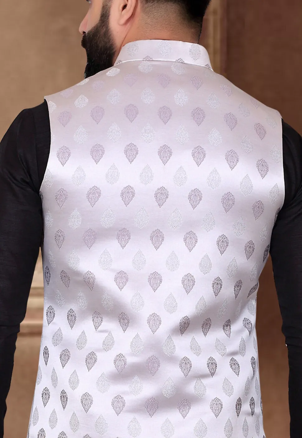 Woven Art Silk Jacquard Nehru Jacket in Off White