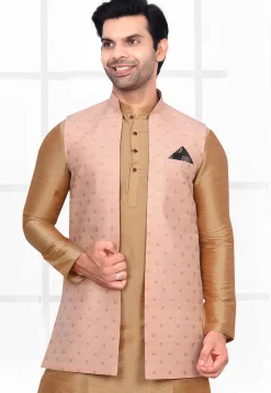 Woven Art Silk Jacquard Nehru Jacket in Peach