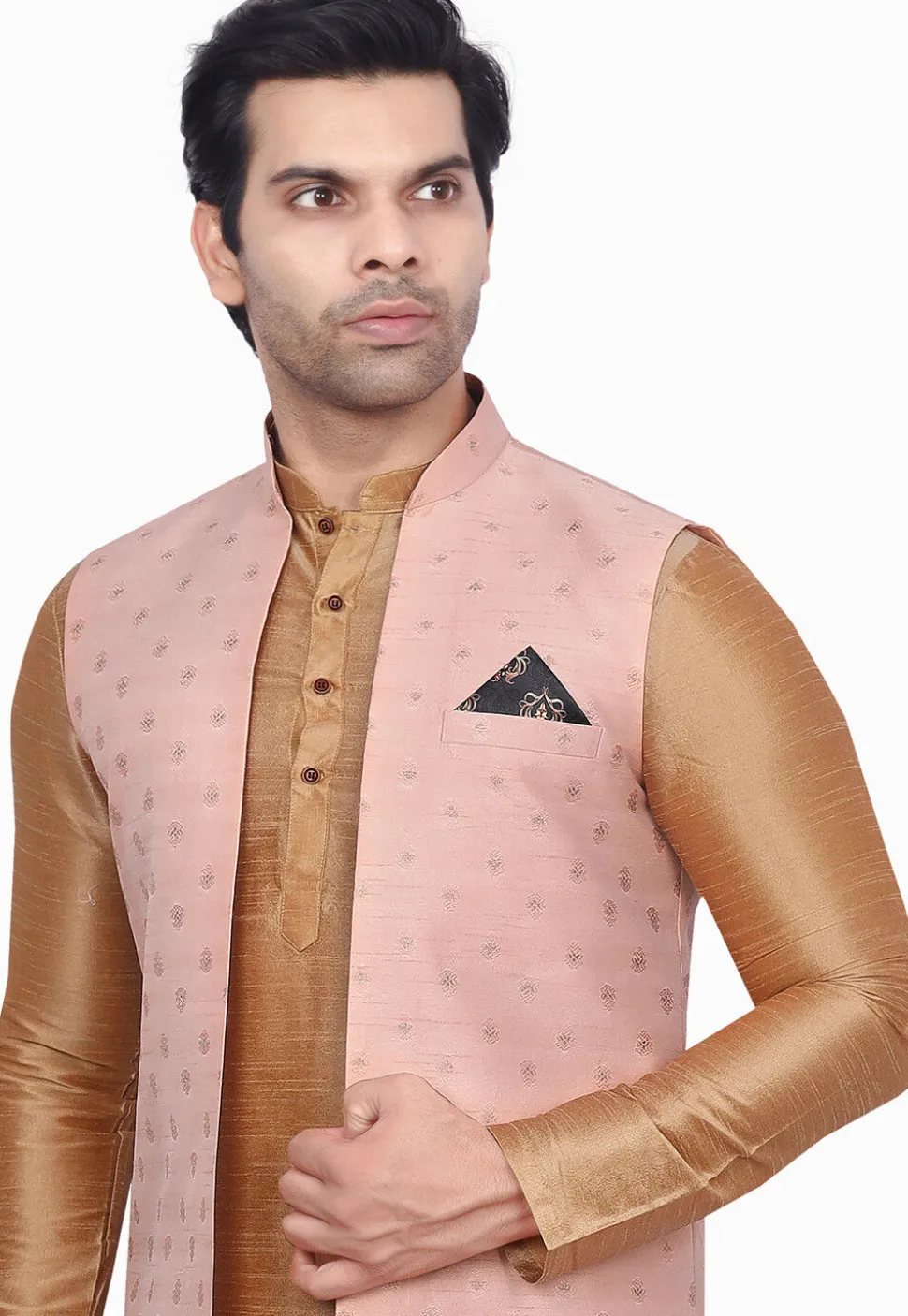Woven Art Silk Jacquard Nehru Jacket in Peach