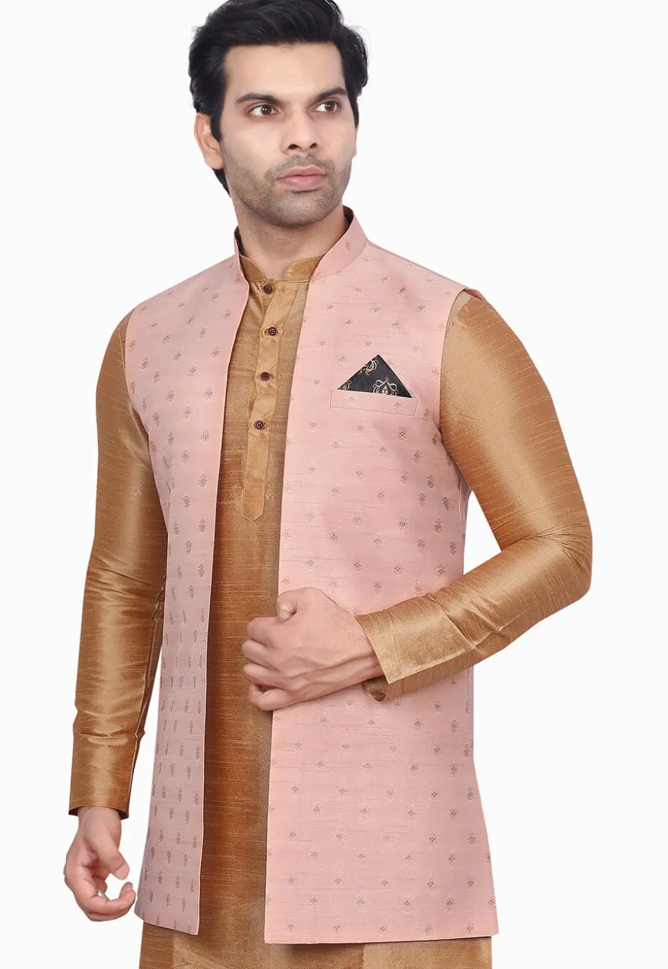 Woven Art Silk Jacquard Nehru Jacket in Peach