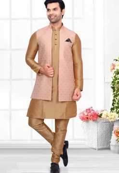 Woven Art Silk Jacquard Nehru Jacket in Peach