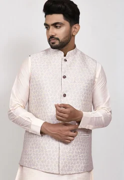 Woven Art Silk Jacquard Nehru Jacket in Cream