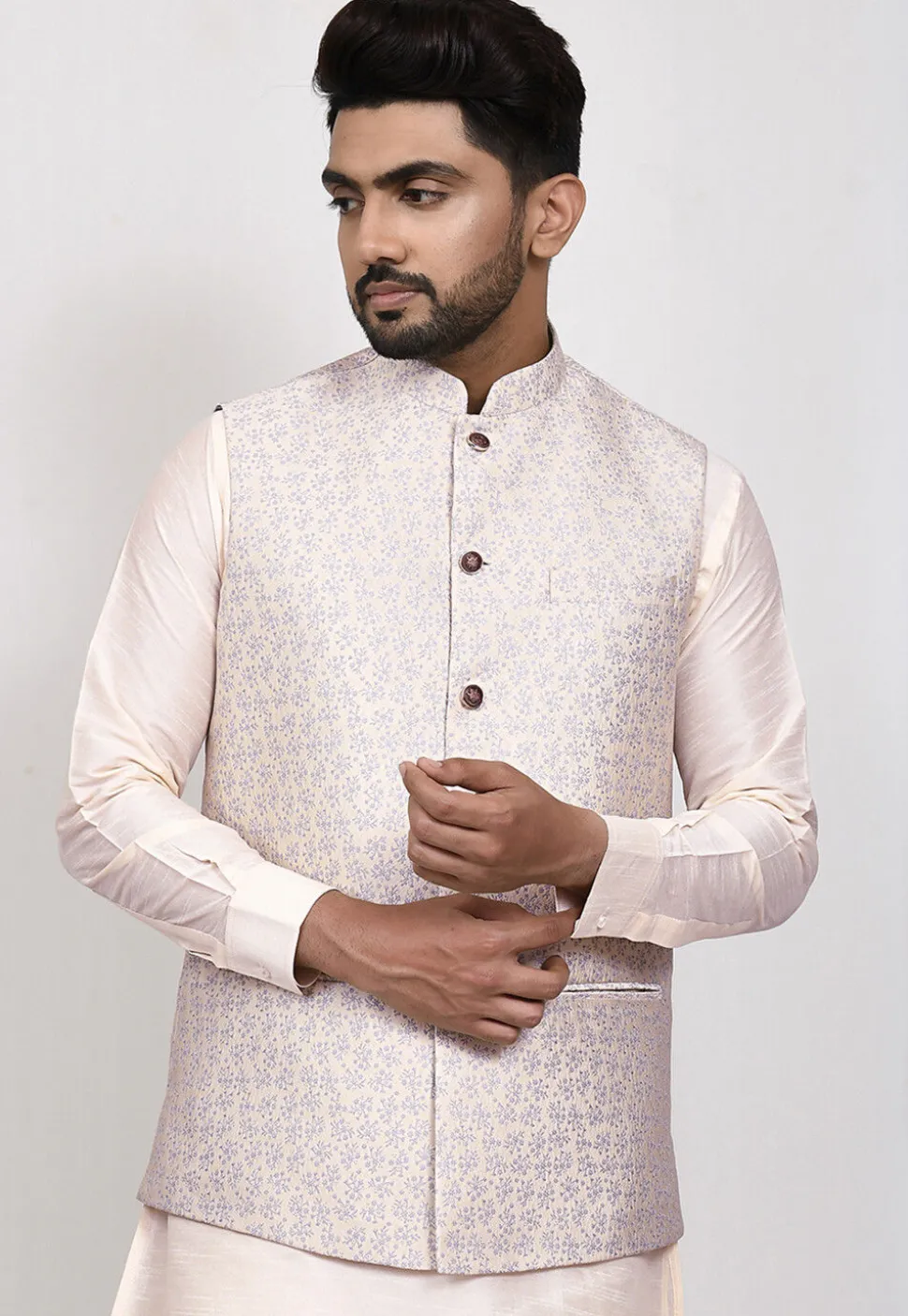 Woven Art Silk Jacquard Nehru Jacket in Cream