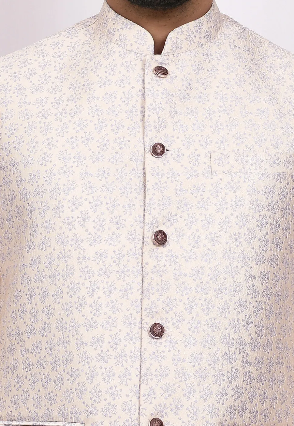 Woven Art Silk Jacquard Nehru Jacket in Cream