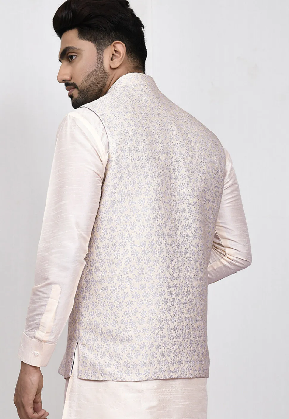 Woven Art Silk Jacquard Nehru Jacket in Cream