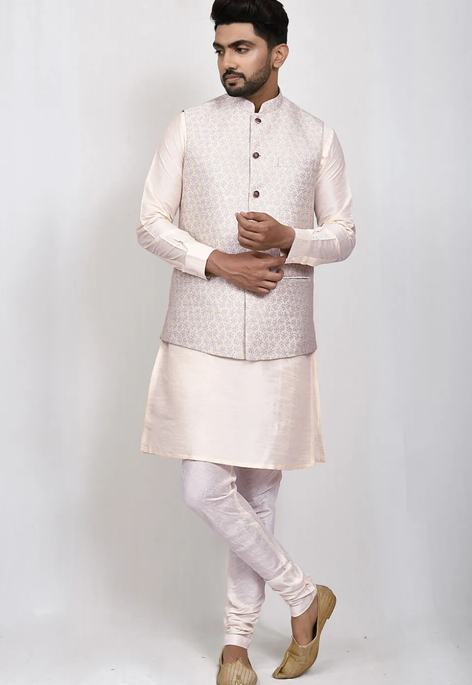 Woven Art Silk Jacquard Nehru Jacket in Cream