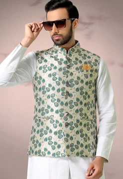 Woven Art Silk Jacquard Nehru Jacket in Off White and Teal Green