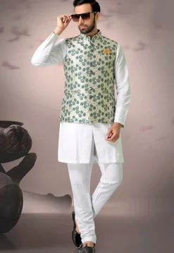 Woven Art Silk Jacquard Nehru Jacket in Off White and Teal Green