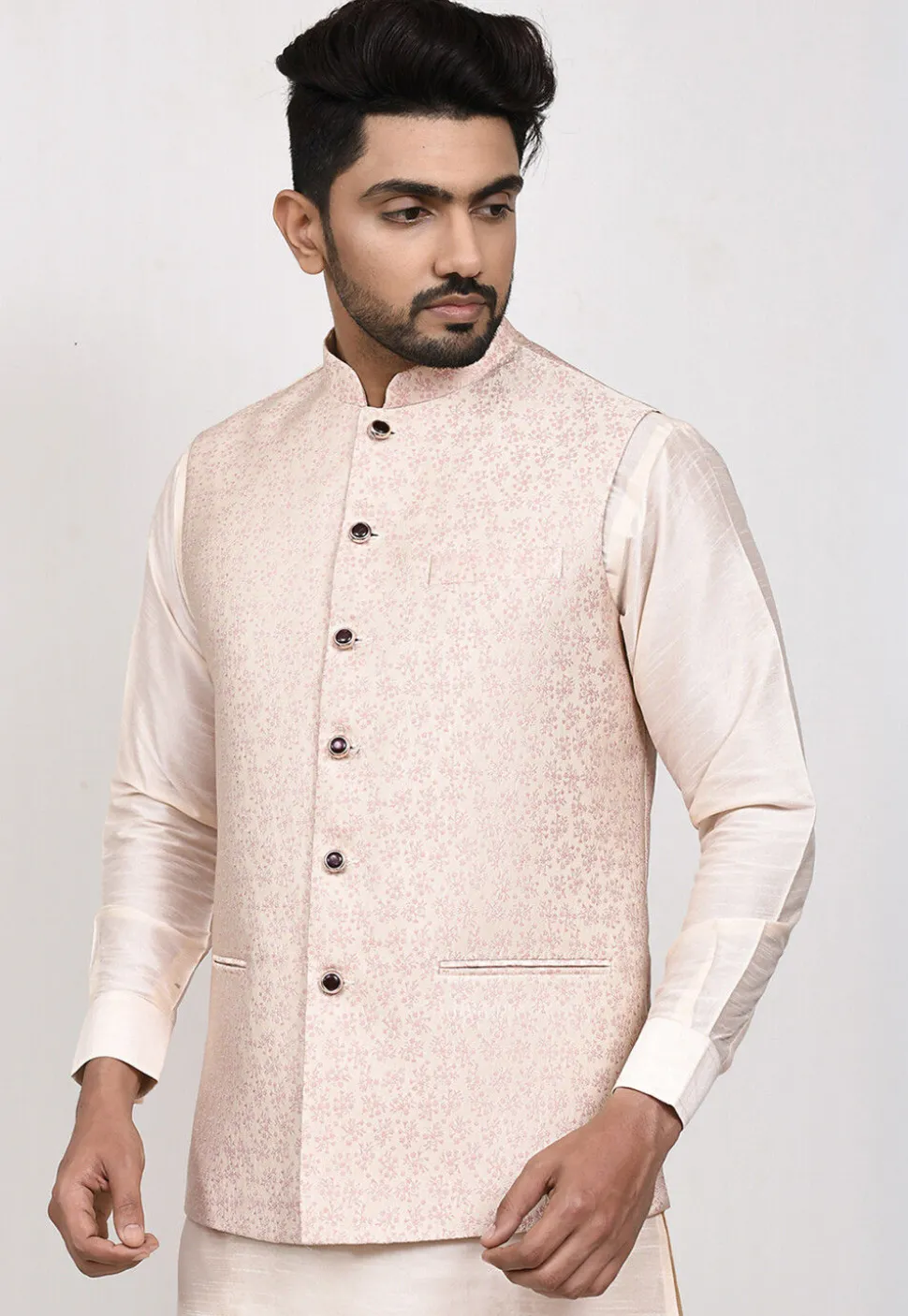 Woven Art Silk Jacquard Nehru Jacket in Cream
