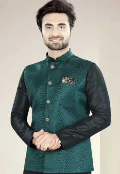 Woven Art Silk Jacquard Nehru Jacket in Teal Green