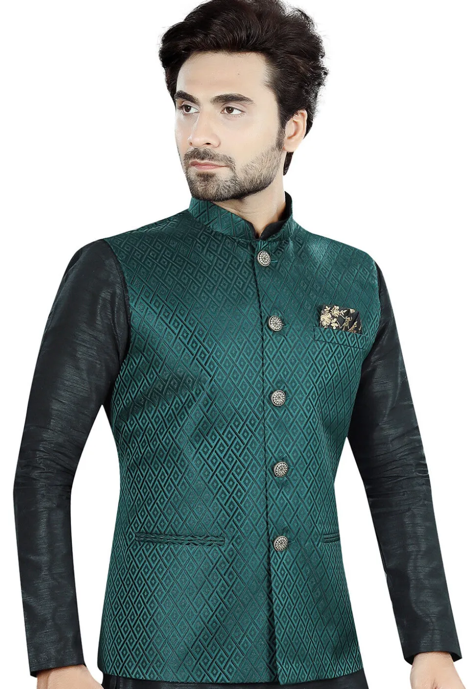 Woven Art Silk Jacquard Nehru Jacket in Teal Green