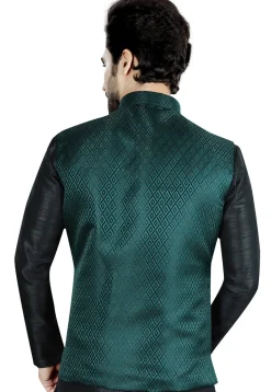 Woven Art Silk Jacquard Nehru Jacket in Teal Green