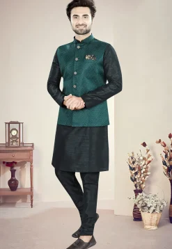Woven Art Silk Jacquard Nehru Jacket in Teal Green