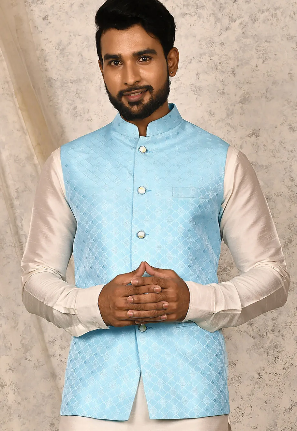 Woven Art Silk Jacquard Nehru Jacket in Sky Blue
