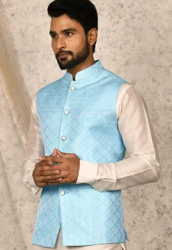 Woven Art Silk Jacquard Nehru Jacket in Sky Blue